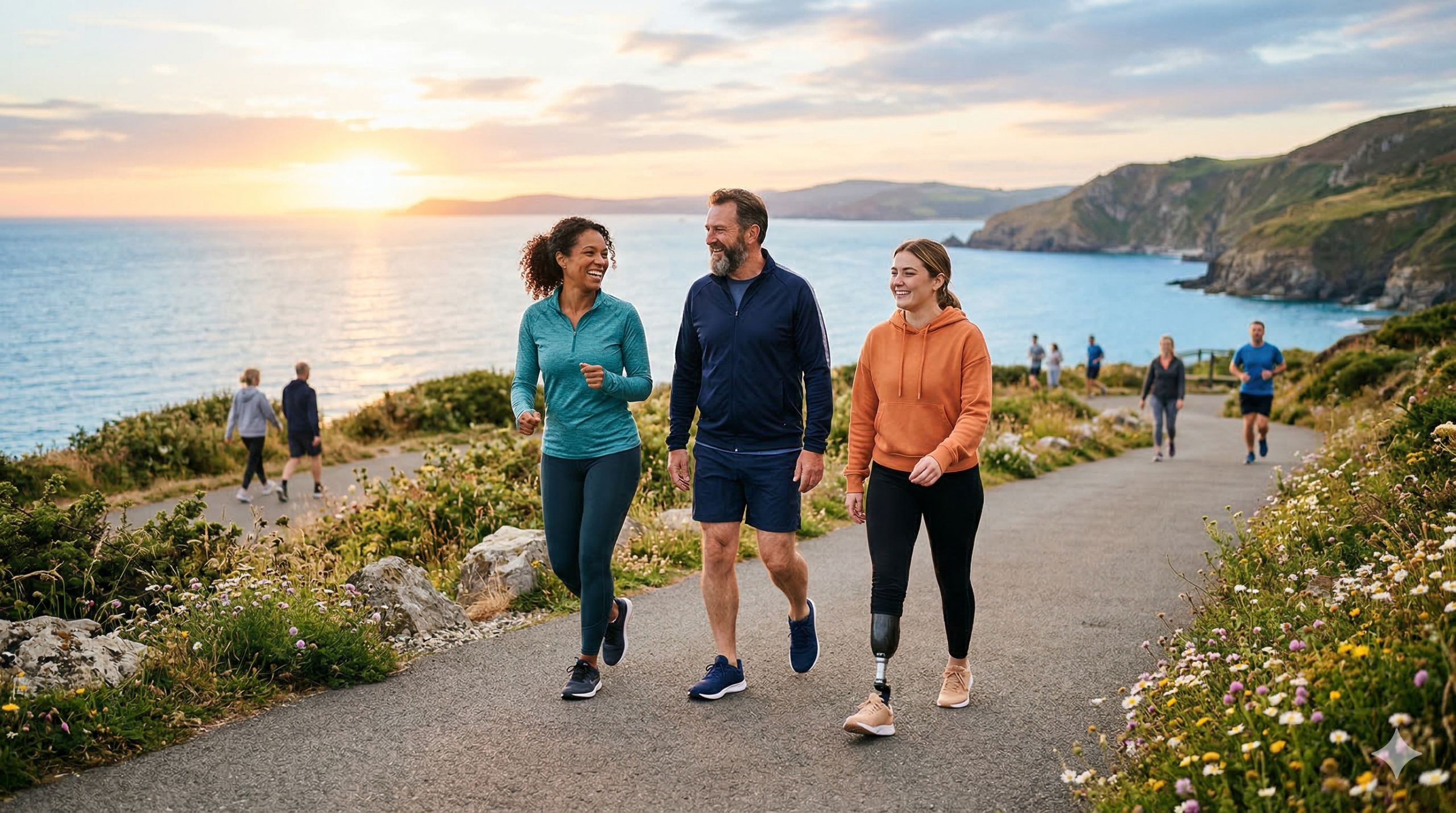 Three people walking a path along the beach representing the journey of long COVID recovery
