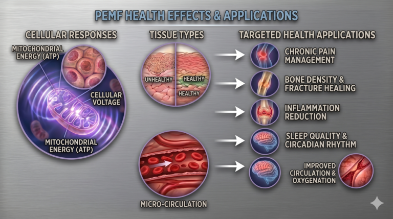 Infographic showing PEMF therapy effects on cellular voltage, mitochondrial ATP, tissue health, and clinical applications including chronic pain, bone healing, inflammation, sleep, and circulation