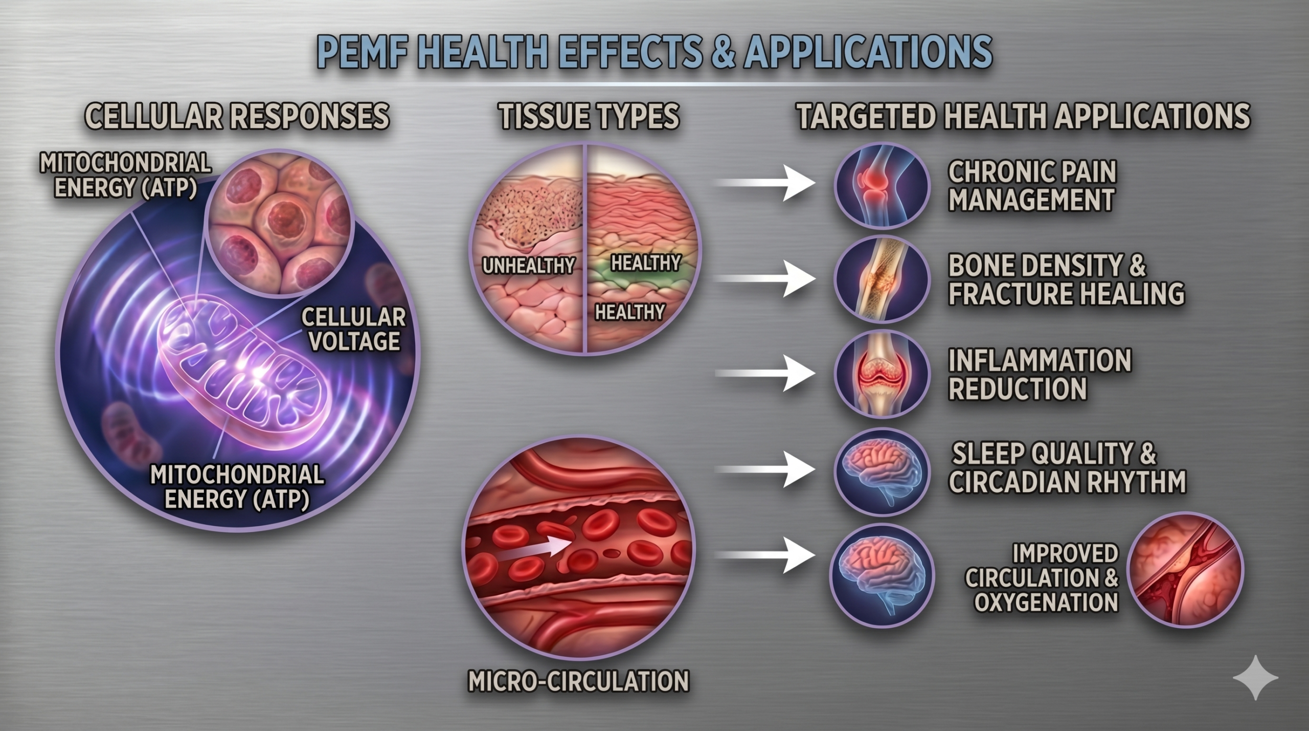 Infographic showing PEMF therapy effects on cellular voltage, mitochondrial ATP, tissue health, and clinical applications including chronic pain, bone healing, inflammation, sleep, and circulation
