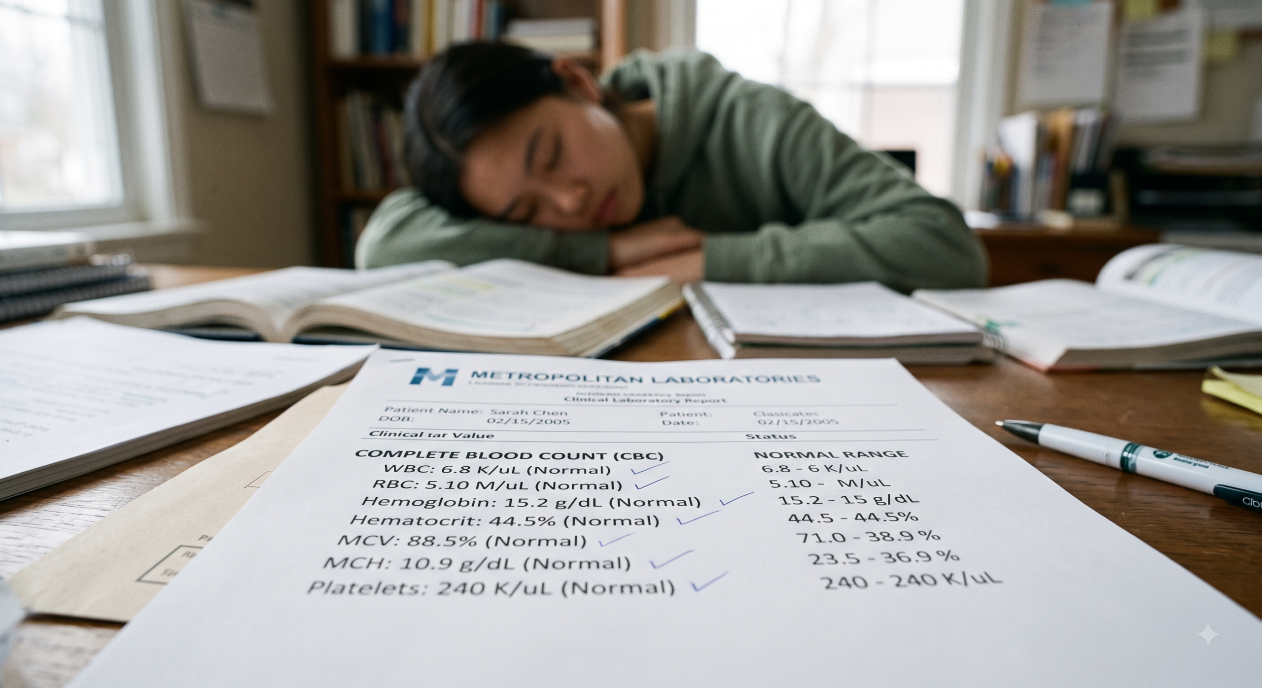 Teen slumped over homework beside a lab report with every value in range — normal lab results, but still sick